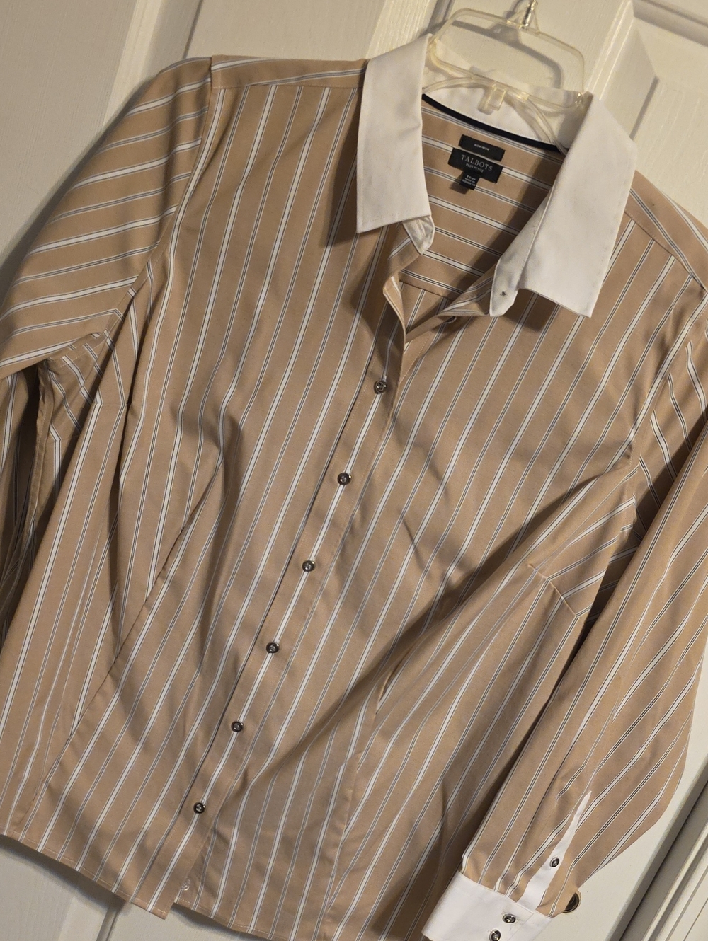 Talbots Tan and White Stripe Dress Shirt with White Contrast Collar